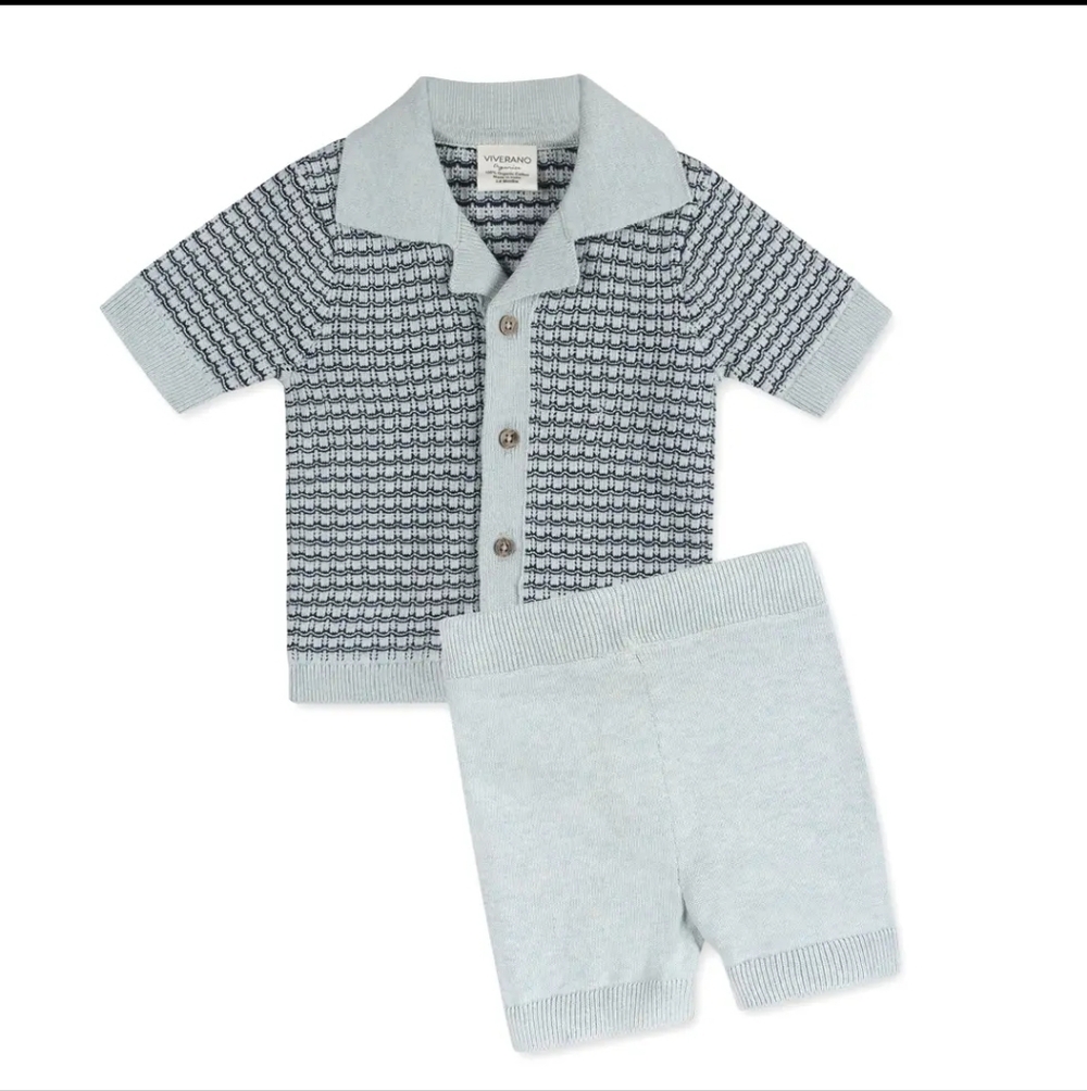 Light Blue Knit Kids Matching Set - Short Sleeve Shirt & Shorts
